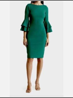 Calvin Klein Emerald Green Ruffle-Sleeve Midi Sheath Dress